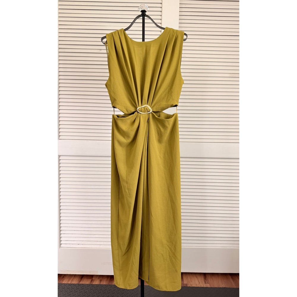 Zara Mustard Green Cut Out Ring Detail Draped Midi Dress Size M